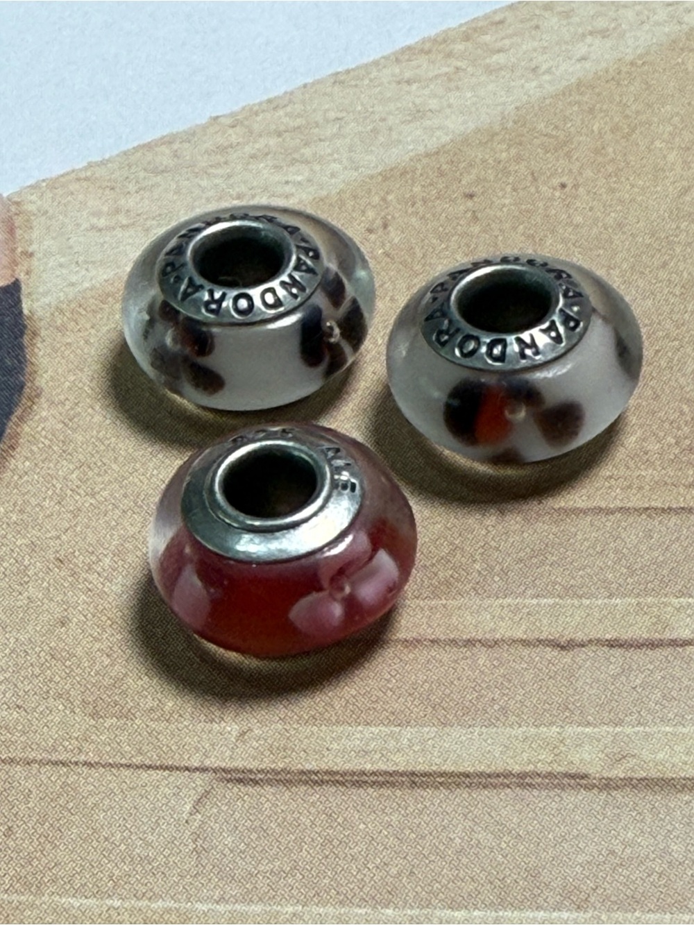 Pandora Glass Charm Trio – Red, White & Brown Accent Beads